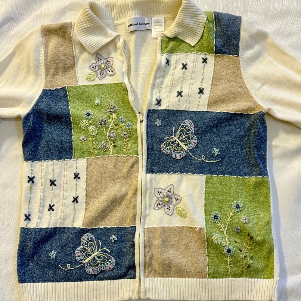 VTG Alfred Dunner Womens Sweater Size S Cream Butterfly Floral Cottage Patchwork